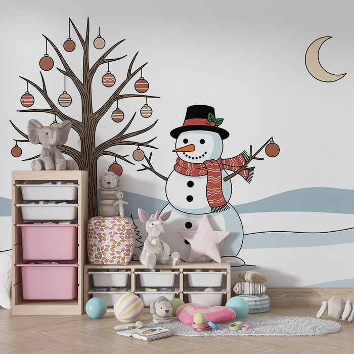Children's Room Wallpaper | Cheerful Snowman Under a Decorated Tree