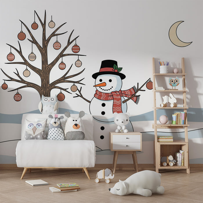 Children's Room Wallpaper | Cheerful Snowman Under a Decorated Tree