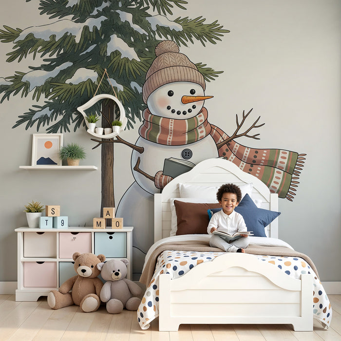 Children's Room Wallpaper | Snowman Reading Under a Snowy Pine Tree