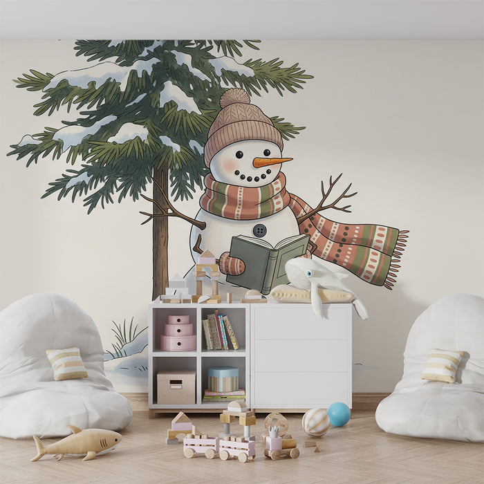 Children's Room Wallpaper | Snowman Reading Under a Snowy Pine Tree