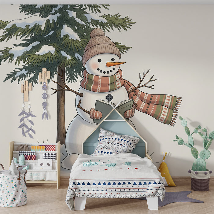 Children's Room Wallpaper | Snowman Reading Under a Snowy Pine Tree