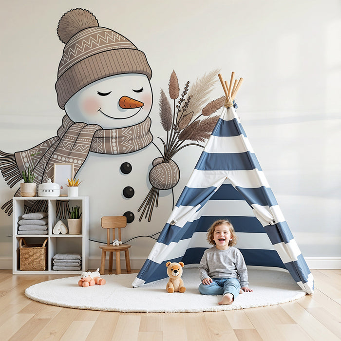 Papel pintado infantil | Muñeco de nieve sonriente con bufanda y gorro