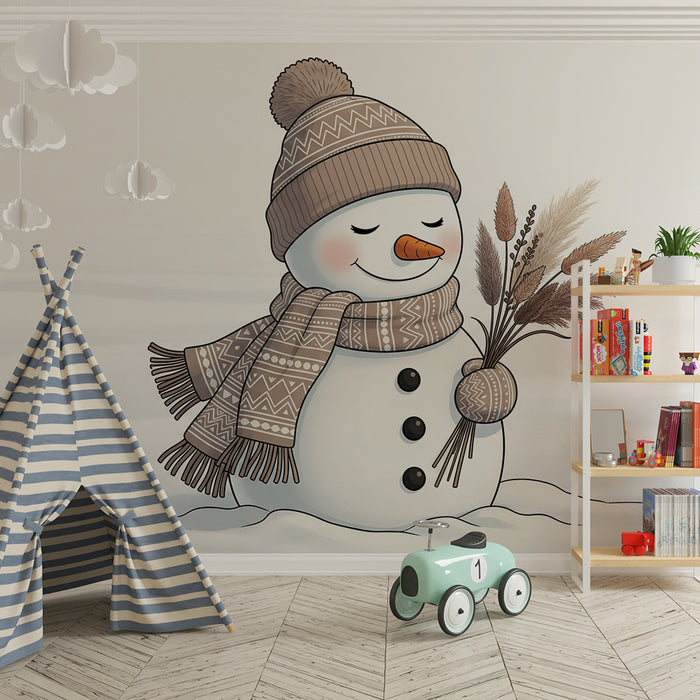 Papel pintado infantil | Muñeco de nieve sonriente con bufanda y gorro
