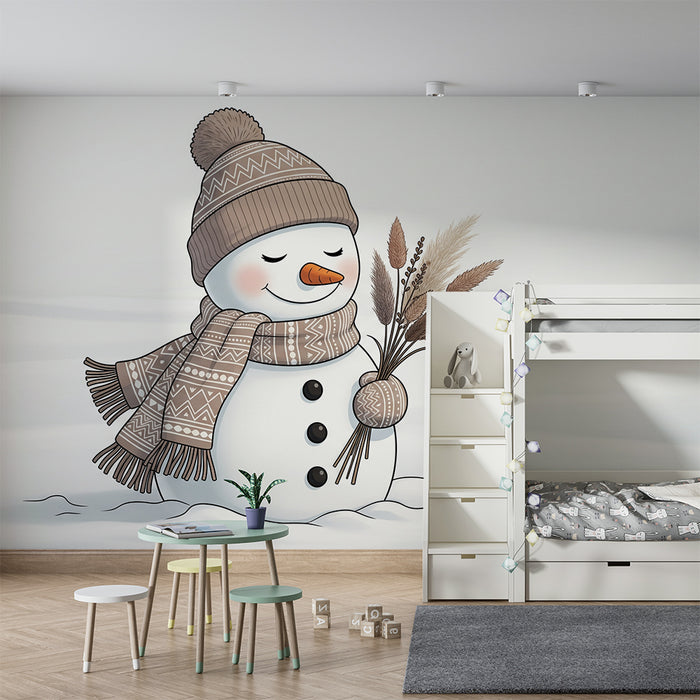 Papel pintado infantil | Muñeco de nieve sonriente con bufanda y gorro