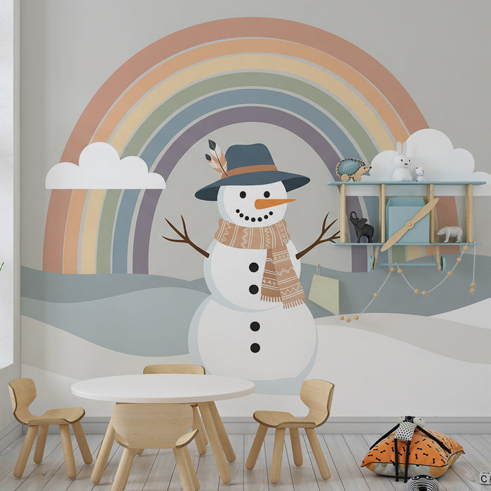 Barnrumspapper | Leende snögubbe under en pastellregnbåge