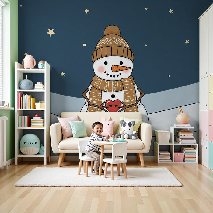 Children's Room Wallpaper | Smiling Snowman Under a Starry Sky