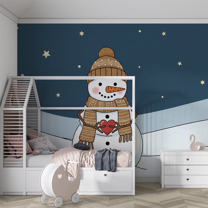 Children's Room Wallpaper | Smiling Snowman Under a Starry Sky