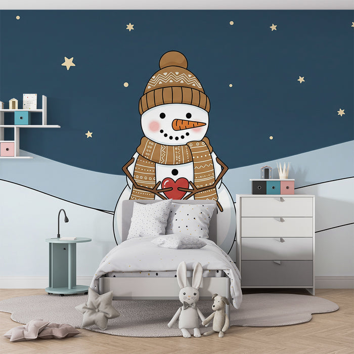 Children's Room Wallpaper | Smiling Snowman Under a Starry Sky