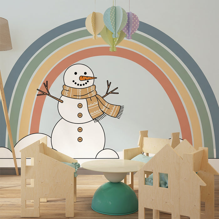 Barnrumspapper | Snögubbe under en regnbåge