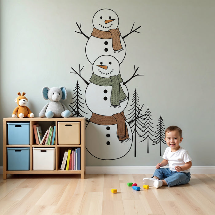 Papel de parede para quarto de criança | Bonecos de neve alegres com cachecóis coloridos