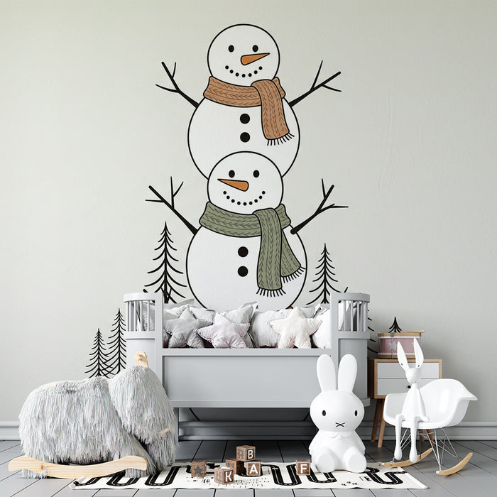 Papel de parede para quarto de criança | Bonecos de neve alegres com cachecóis coloridos