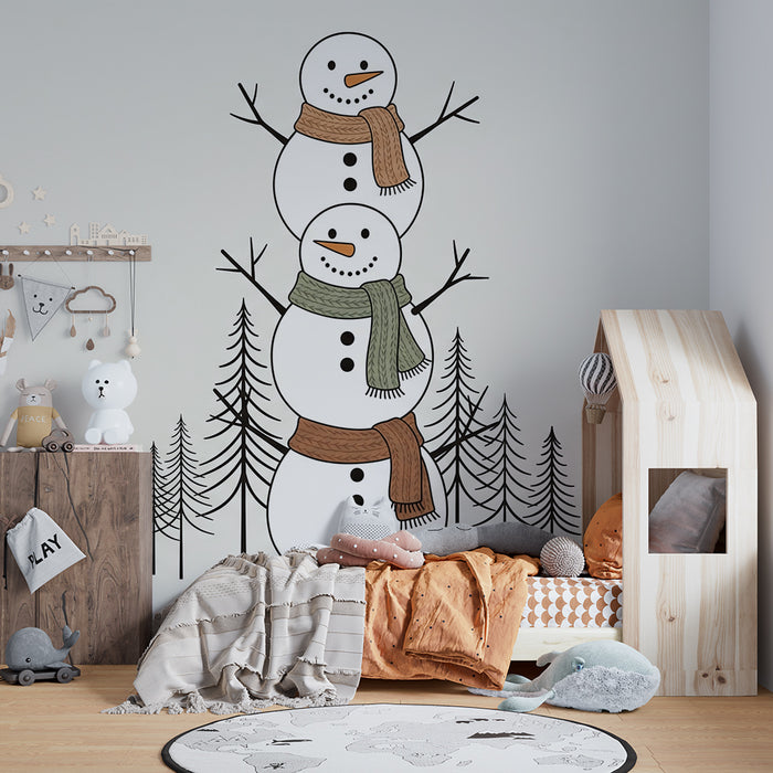 Papel de parede para quarto de criança | Bonecos de neve alegres com cachecóis coloridos
