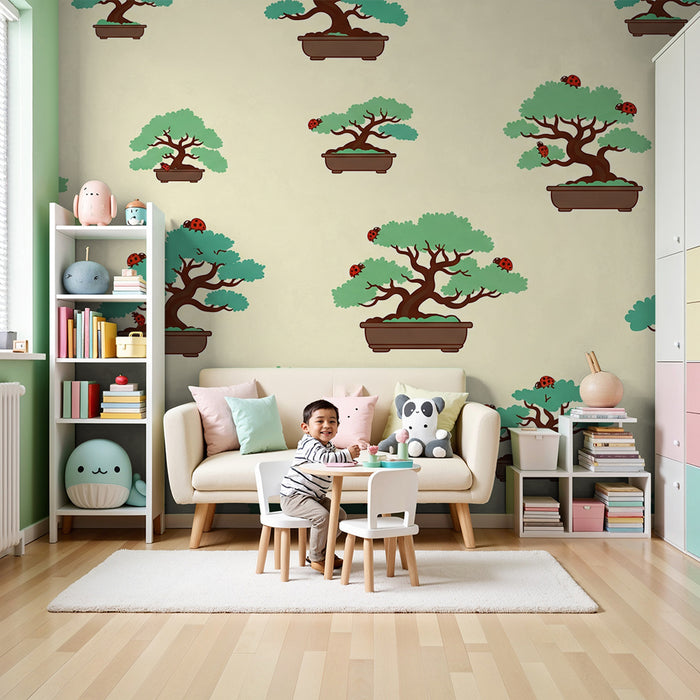Kids' Room Wallpaper | Colorful Bonsai Trees with Ladybugs on a Soft Background