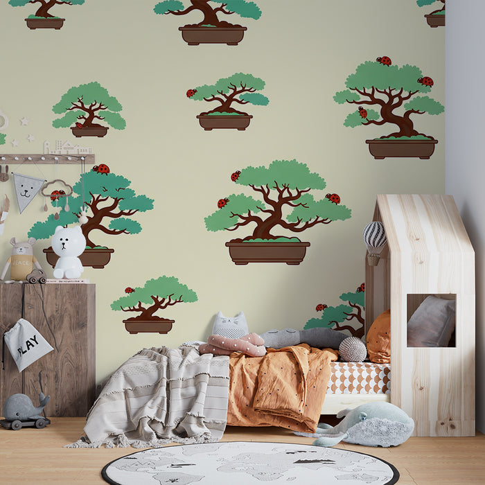Kids' Room Wallpaper | Colorful Bonsai Trees with Ladybugs on a Soft Background