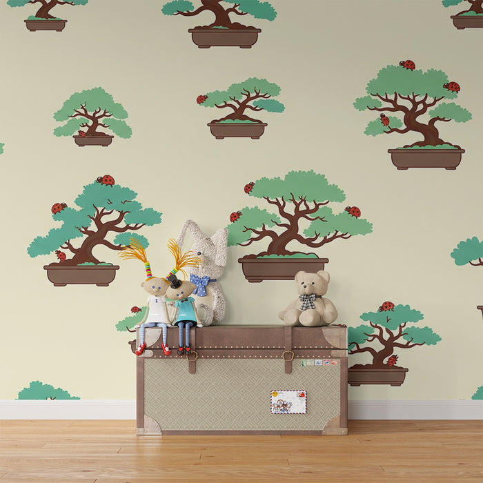 Kids' Room Wallpaper | Colorful Bonsai Trees with Ladybugs on a Soft Background