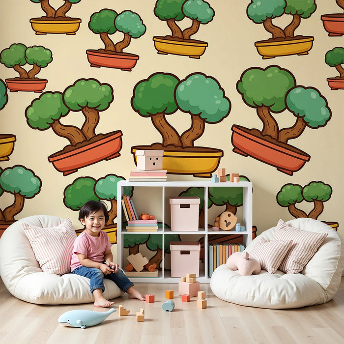 Papel de parede para quarto de criança | Bonsais coloridos em vasos divertidos