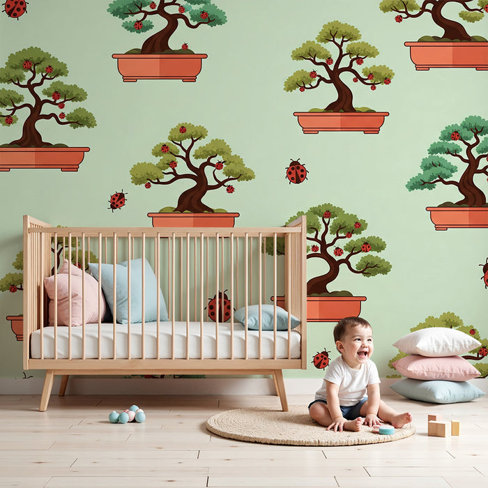 Children's Room Wallpaper | Colorful Bonsai Trees and Ladybugs on a Pastel Background