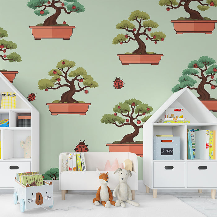 Children's Room Wallpaper | Colorful Bonsai Trees and Ladybugs on a Pastel Background