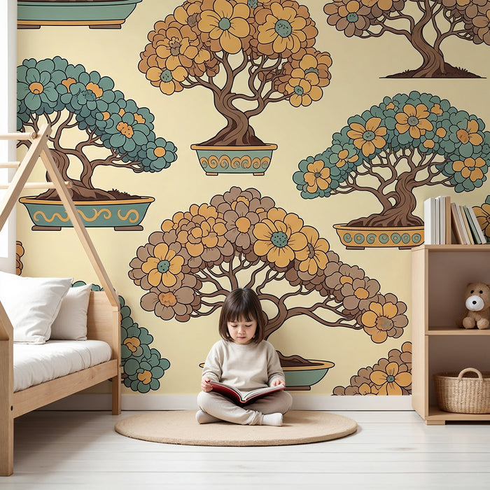 Papel de parede para quarto de criança | Bonsais coloridos e flores sobre fundo suave