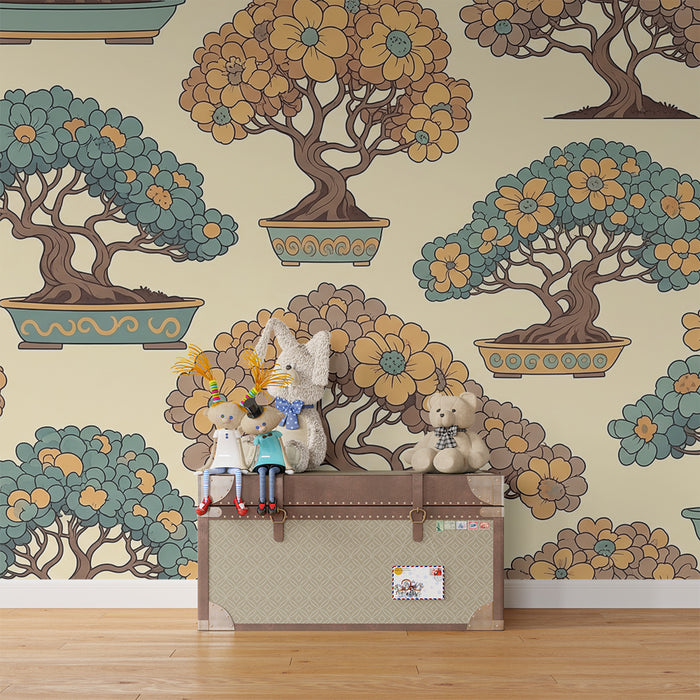 Papel de parede para quarto de criança | Bonsais coloridos e flores sobre fundo suave