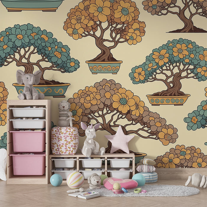 Papel de parede para quarto de criança | Bonsais coloridos e flores sobre fundo suave