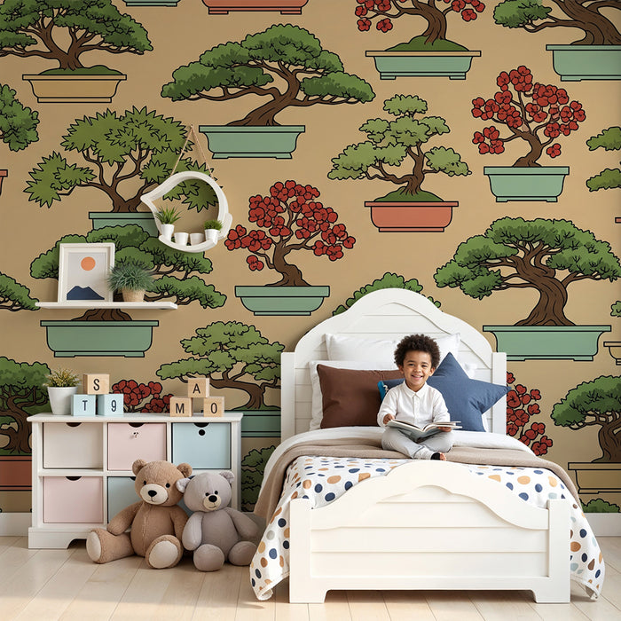 Papel pintado para habitación infantil | Bonsáis de colores sobre fondo suave