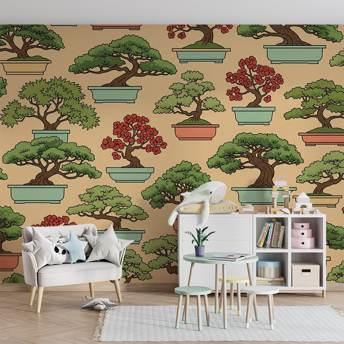 Papel pintado para habitación infantil | Bonsáis de colores sobre fondo suave