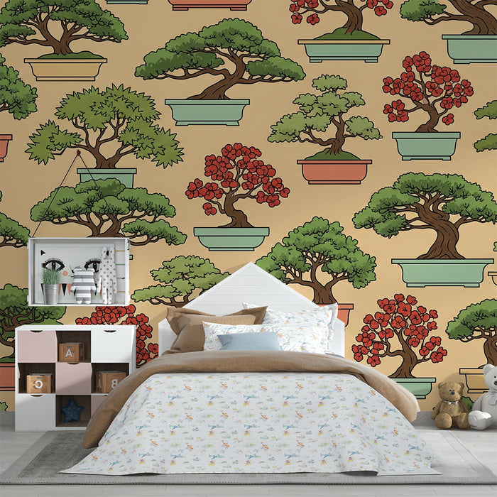 Papel pintado para habitación infantil | Bonsáis de colores sobre fondo suave