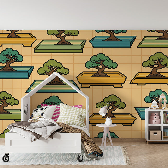 Tapet pentru camera copilului | Bonsai colorați pe fundal geometric
