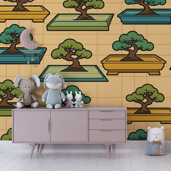 Tapet pentru camera copilului | Bonsai colorați pe fundal geometric