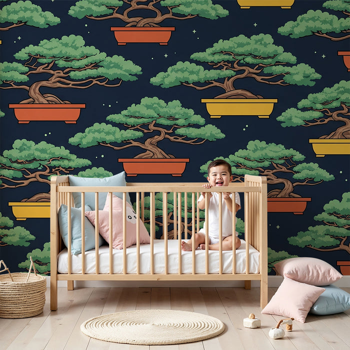 Behang kinderkamer | Kleurrijke bonsai onder een sterrenhemel
