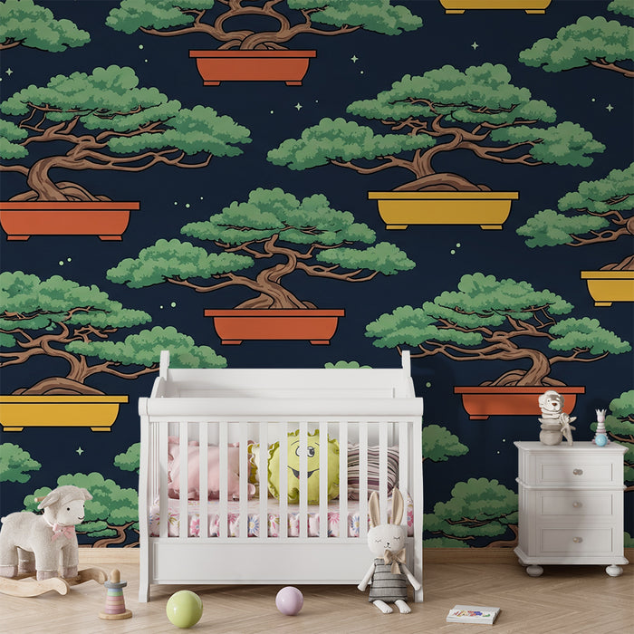 Behang kinderkamer | Kleurrijke bonsai onder een sterrenhemel