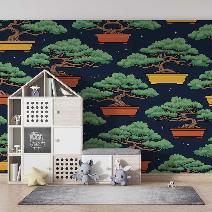 Behang kinderkamer | Kleurrijke bonsai onder een sterrenhemel