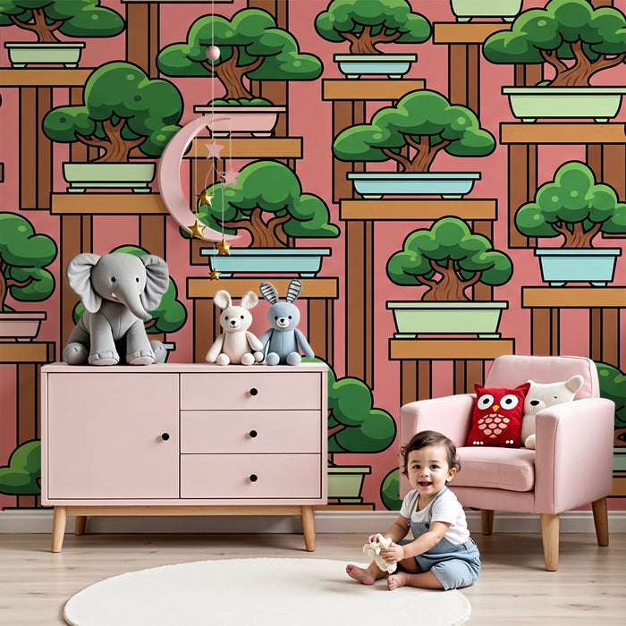 Kinderzimmer Tapete | Bunte Bonsai auf rosa Hintergrund