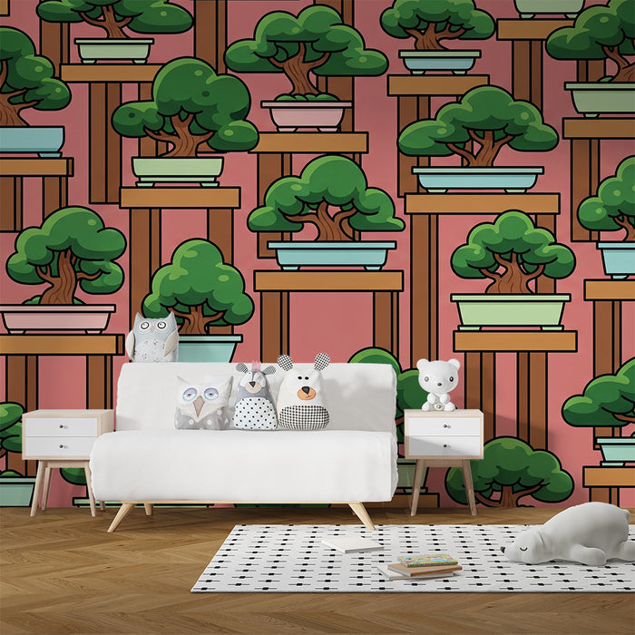 Kinderzimmer Tapete | Bunte Bonsai auf rosa Hintergrund
