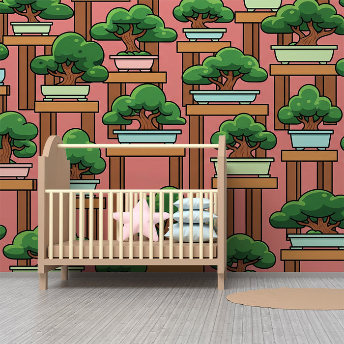 Kinderzimmer Tapete | Bunte Bonsai auf rosa Hintergrund