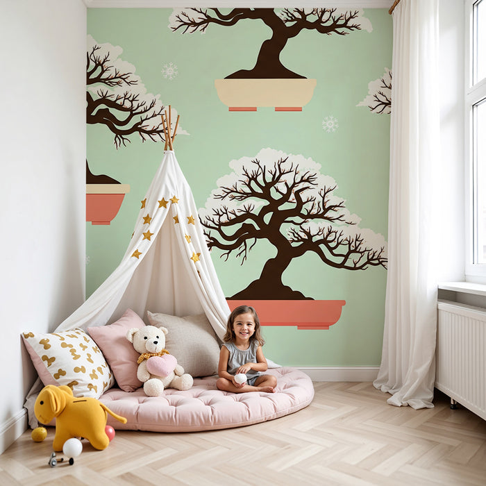 Laste toapaber | Pastellsel taustal lumised bonsai-puud