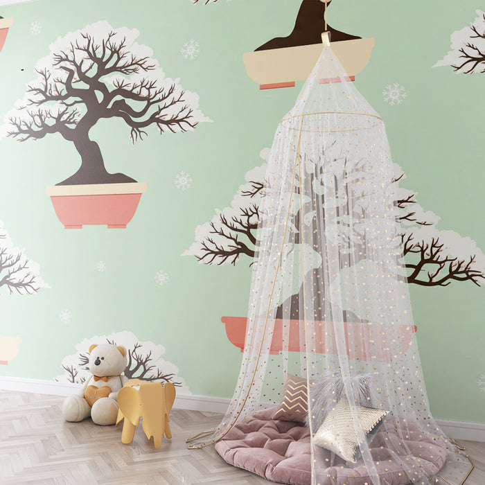 Laste toapaber | Pastellsel taustal lumised bonsai-puud
