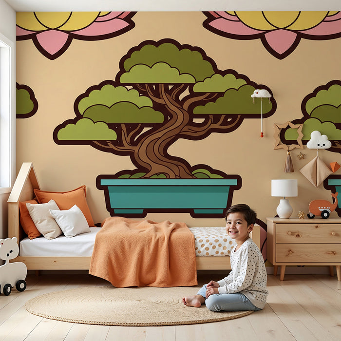 Lastenhuoneen tapetti | Bonsai ja lootuskukka pehmeällä pohjalla