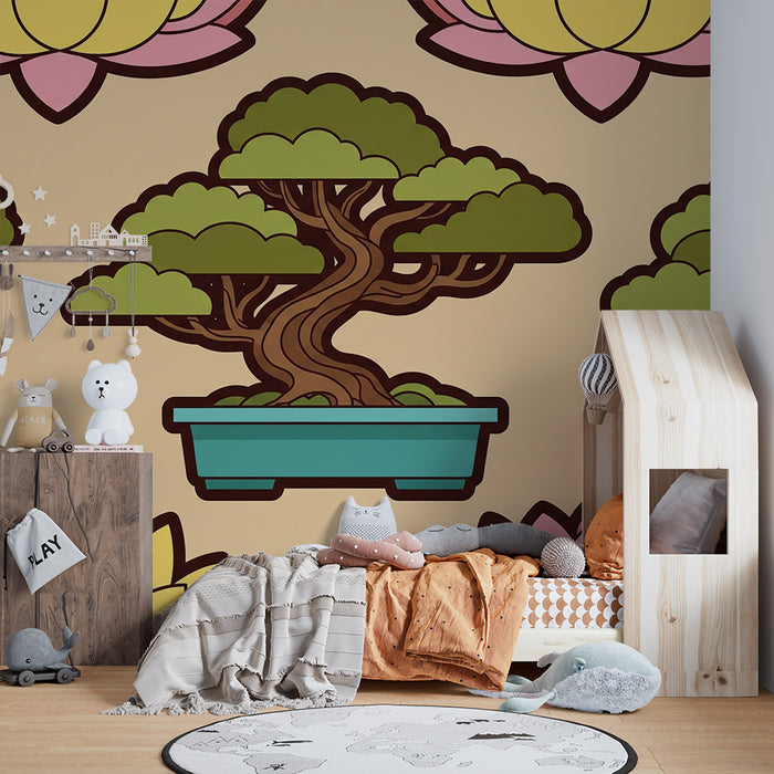 Lastenhuoneen tapetti | Bonsai ja lootuskukka pehmeällä pohjalla