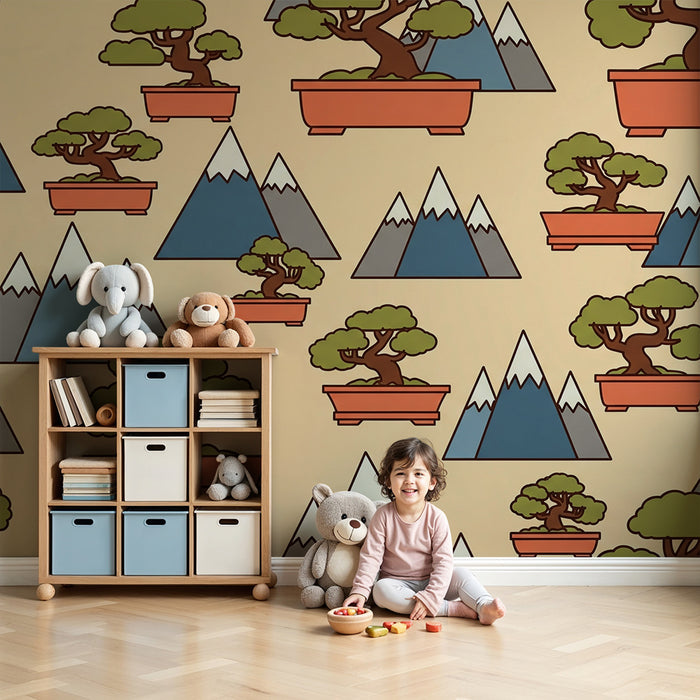 Children's room wallpaper | Stylized bonsai and mountains on a soft background