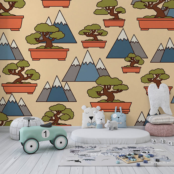 Children's room wallpaper | Stylized bonsai and mountains on a soft background
