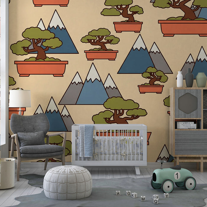Children's room wallpaper | Stylized bonsai and mountains on a soft background