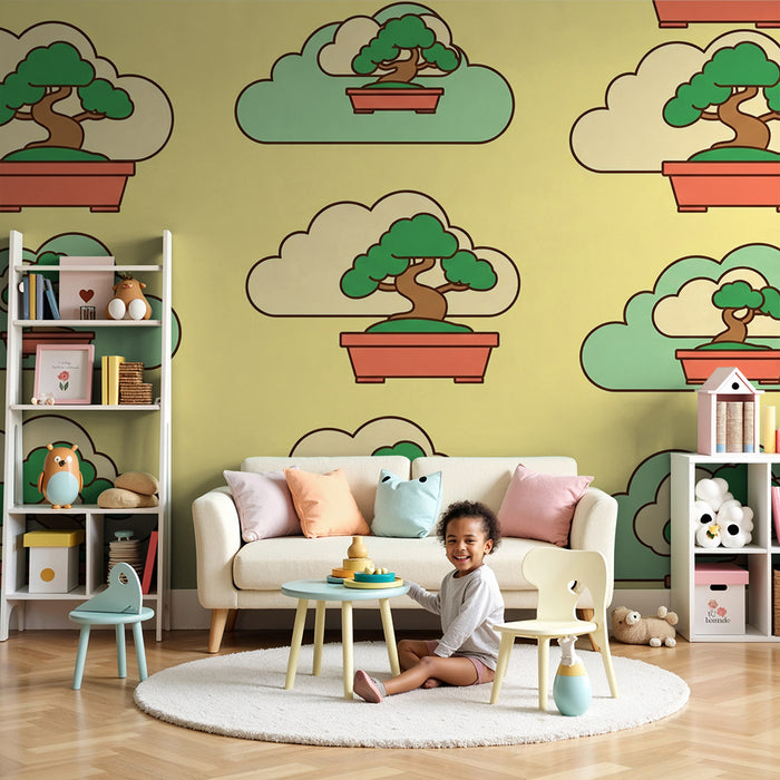 Papel de parede para quarto de criança | Bonsai e nuvens sobre fundo amarelo