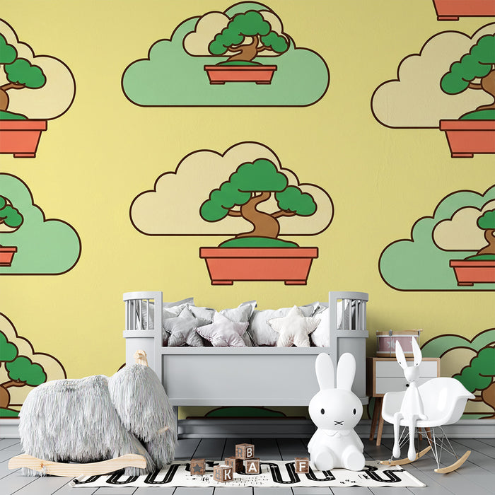 Papel de parede para quarto de criança | Bonsai e nuvens sobre fundo amarelo