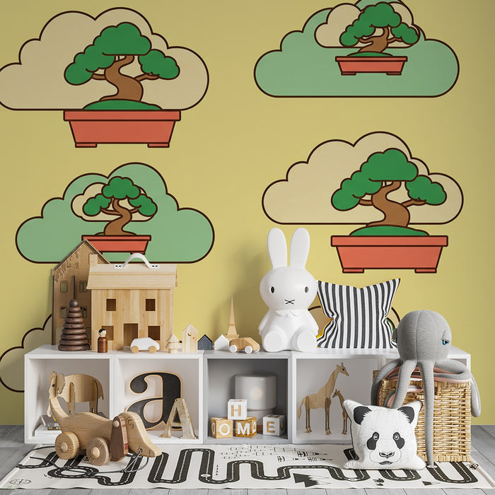 Papel de parede para quarto de criança | Bonsai e nuvens sobre fundo amarelo