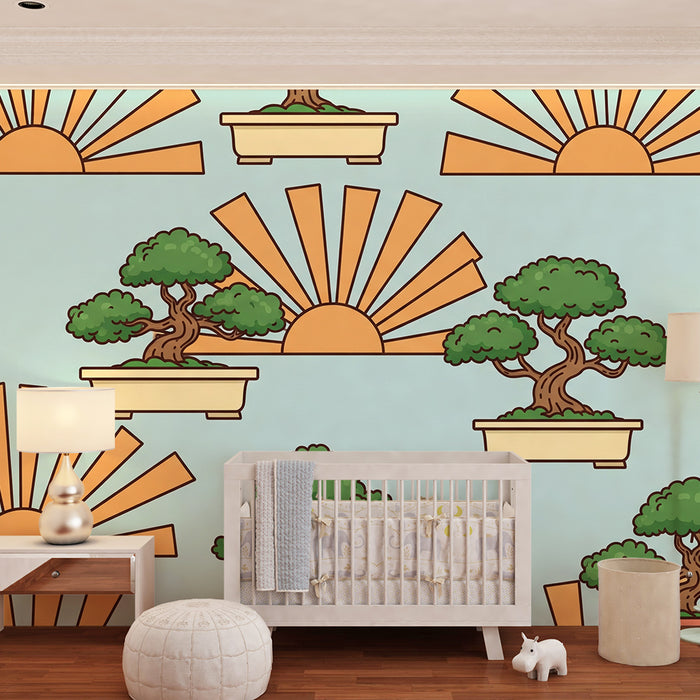 Papel de parede para quarto de criança | Bonsai e sol nascente sobre fundo azul
