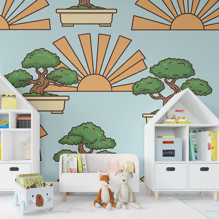 Papel de parede para quarto de criança | Bonsai e sol nascente sobre fundo azul
