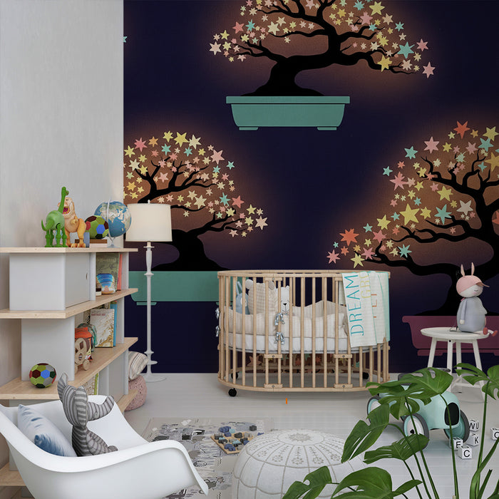 Papel de parede para quarto de criança | Bonsai estrelado com cores pastel sobre fundo escuro