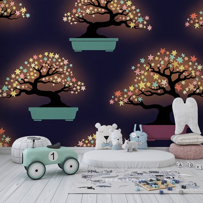 Papel de parede para quarto de criança | Bonsai estrelado com cores pastel sobre fundo escuro